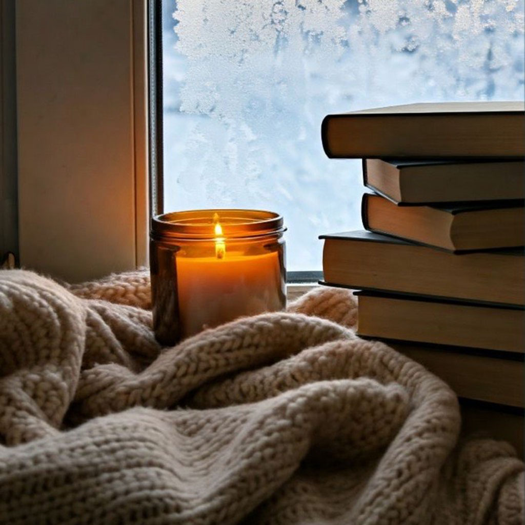 Kerze mit Büchern am Fenster